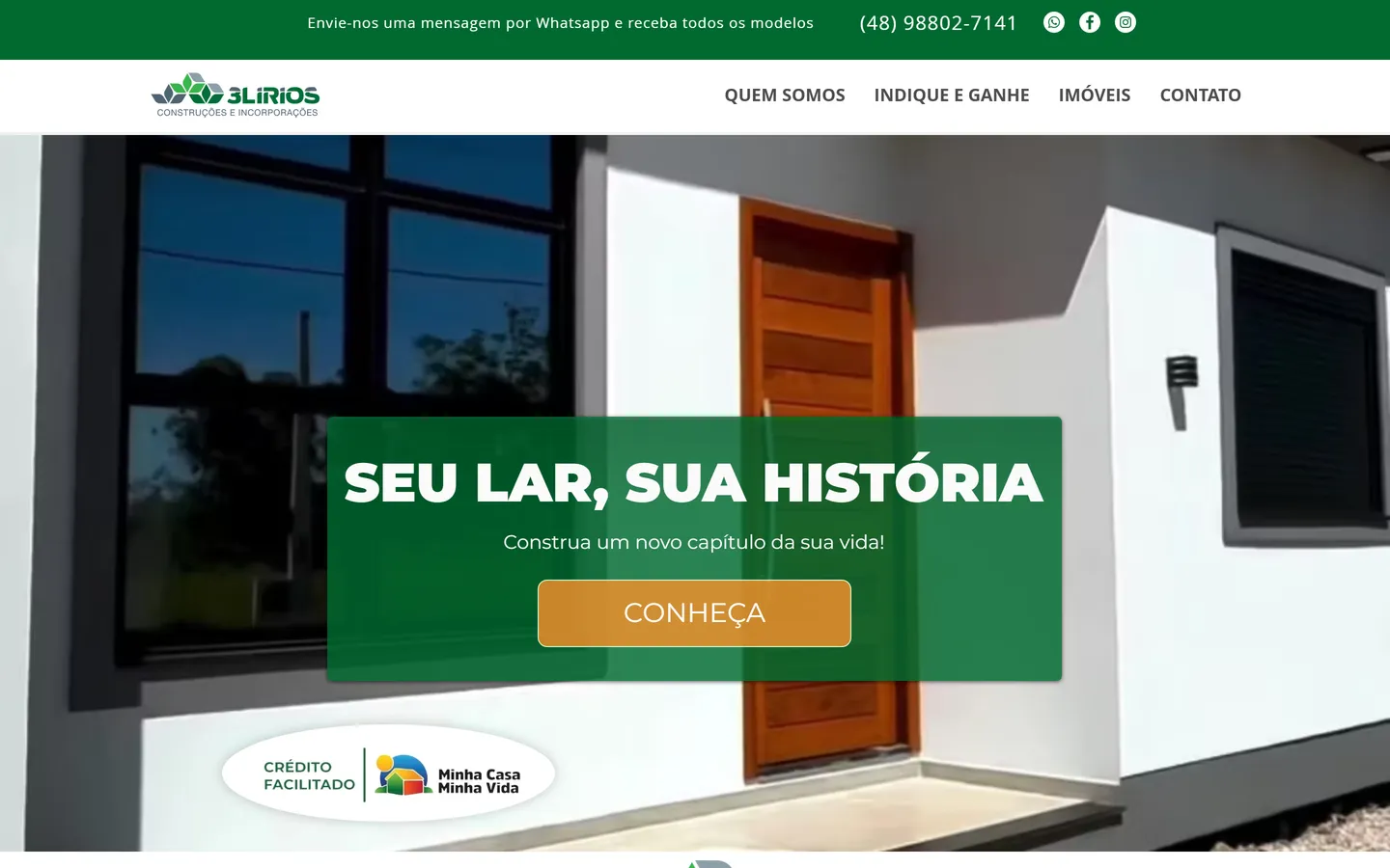 Old 3 Lírios website: a photo of a house front, the headline Your home, your story and a button that reads Discover.