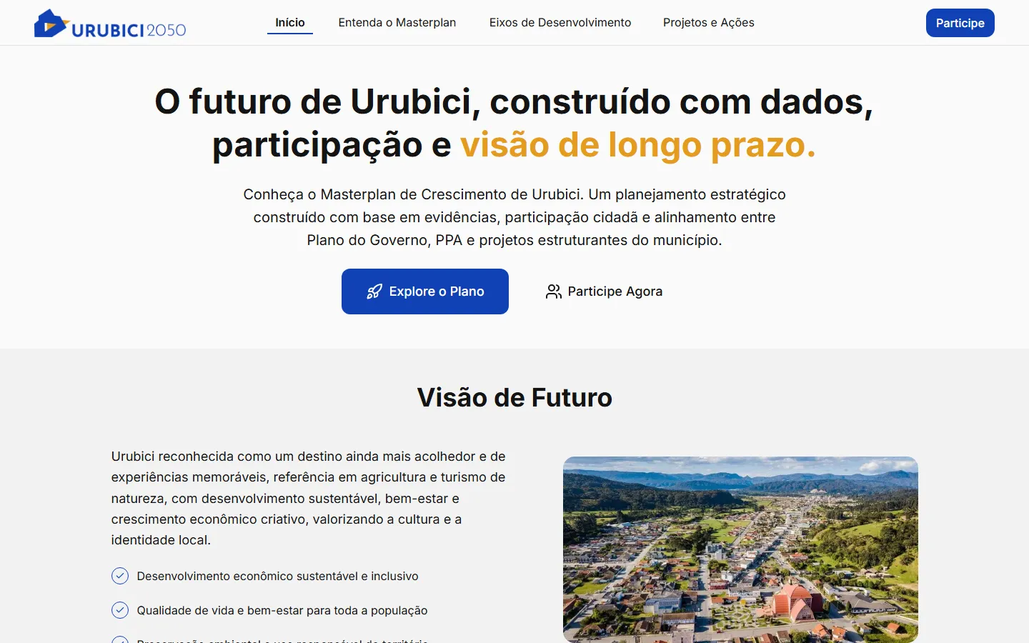 Masterplan Urubici portal home page, with the headline and the town's vision for the future