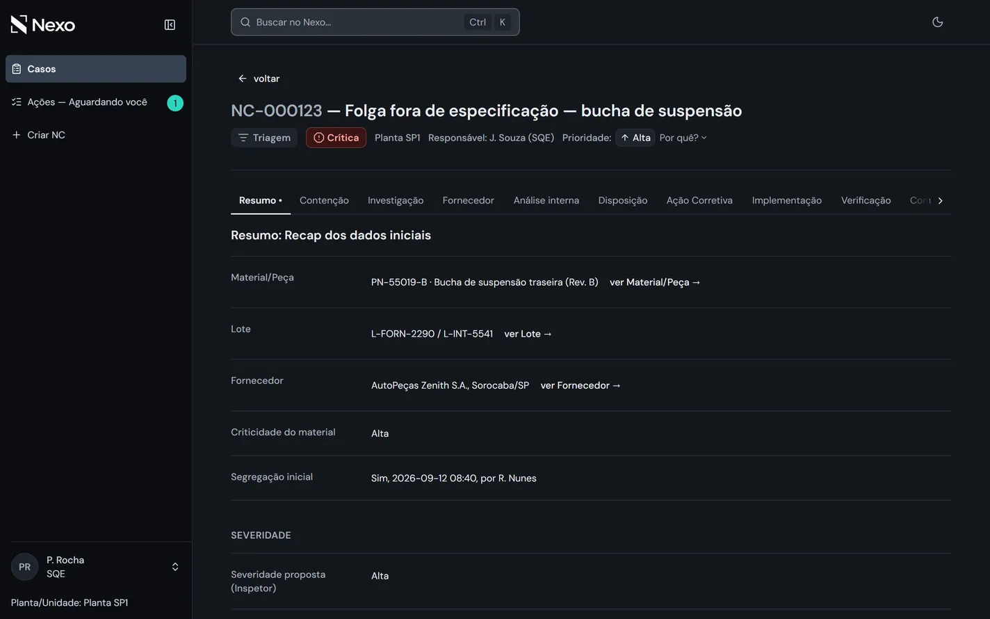Tela de um caso de não conformidade no Nexo Quality, em modo escuro